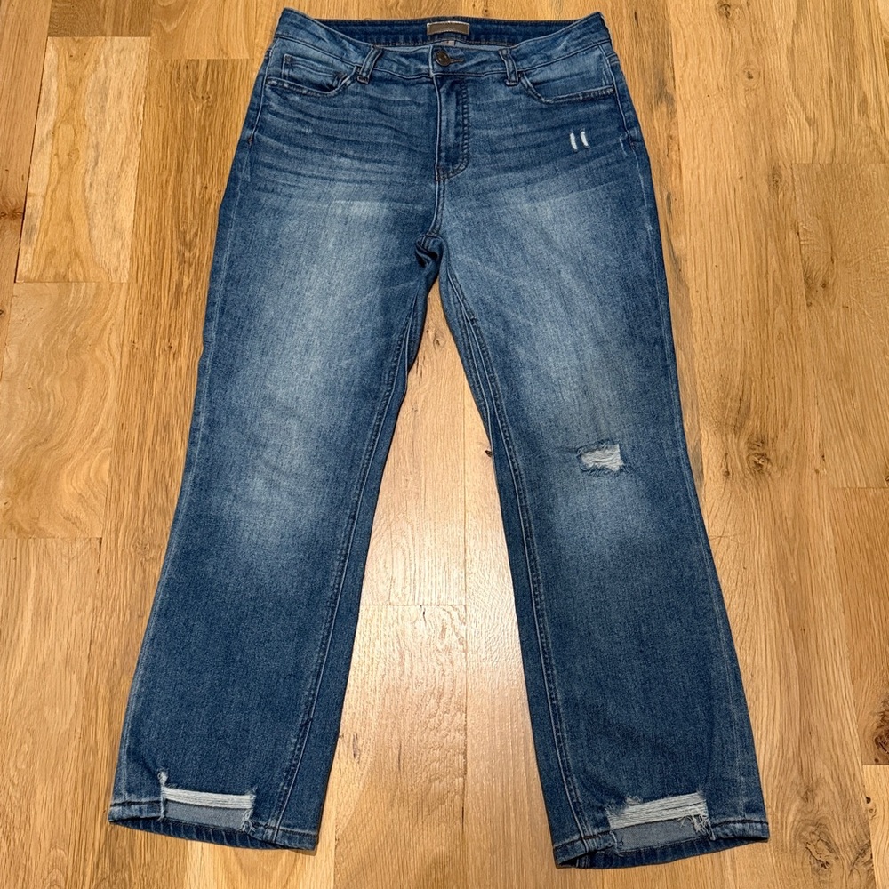 Kut from the Kloth Distressed High Rise Kelsey Fab Ab Ankle Flare Jeans